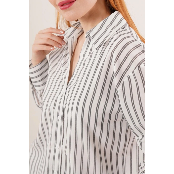Çift Çizgi Geçişli Düğmeli Gri Gömlek