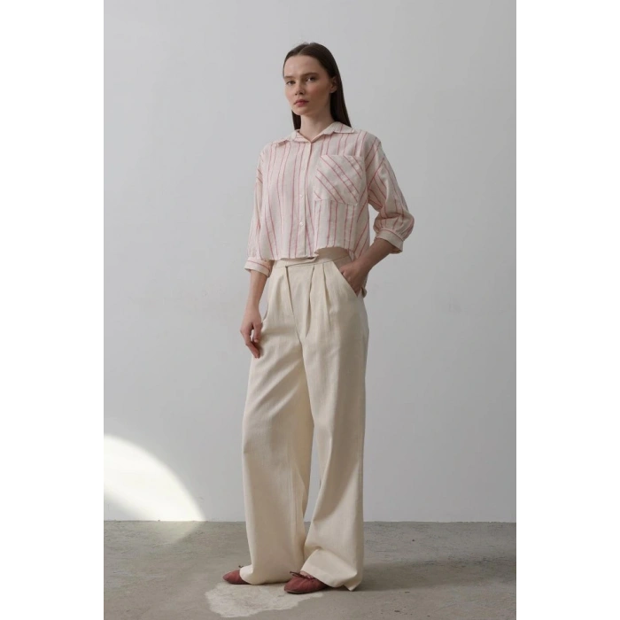 Çift Pileli Palazzo Pantolon - Natür