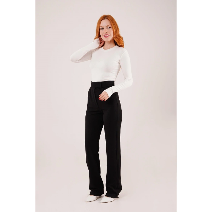Cırt Kapama Detaylı Siyah Pantolon