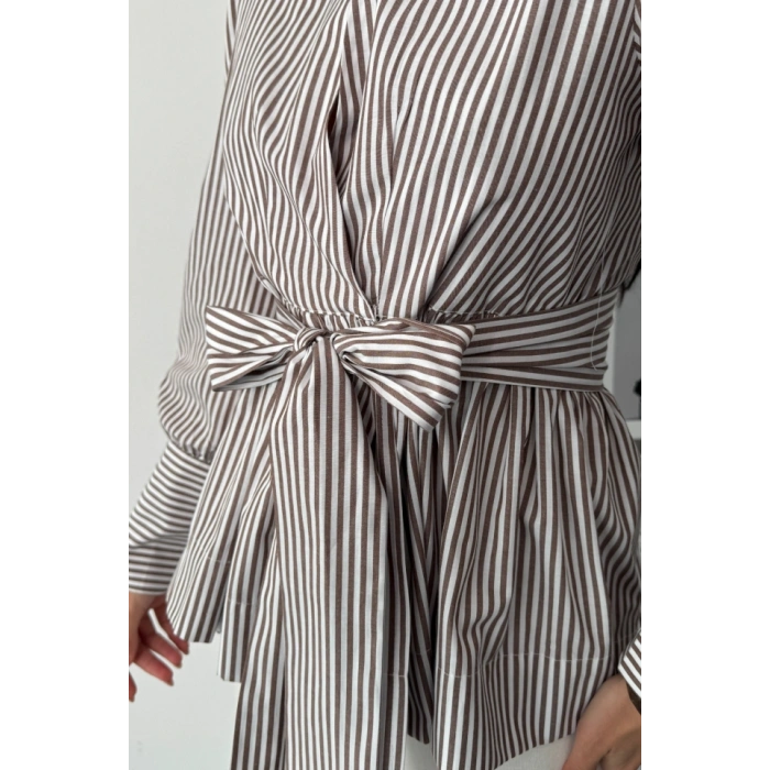 ÇİZGİLİ BAĞLAMA DETAYLI KRUVAZE POPLİN GÖMLEK - Kahverengi