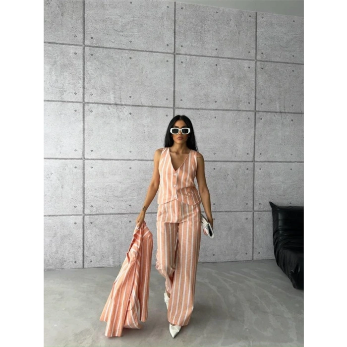 ÇİZGİLİ CEKET KETEN - Orange