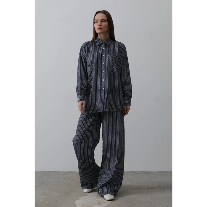 Çizgili Cep Detaylı Oversize Takım - Lacivert
