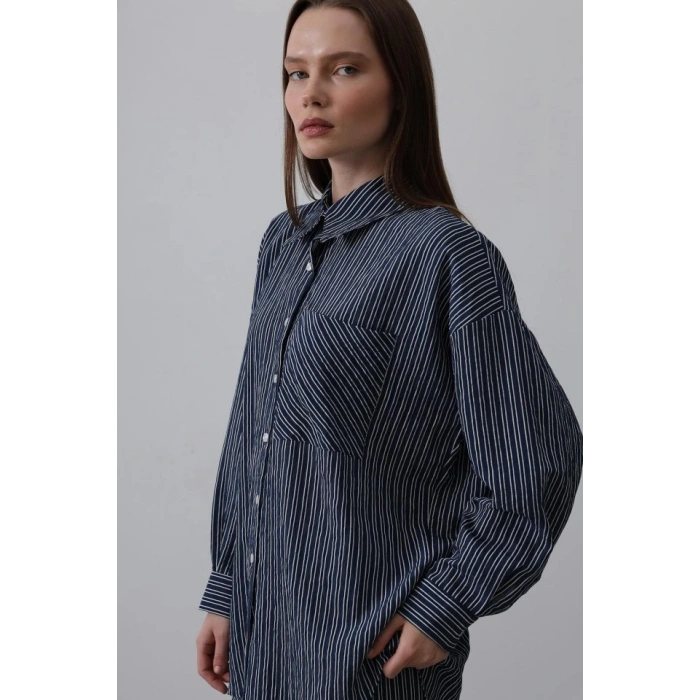 Çizgili Cep Detaylı Oversize Takım - Lacivert