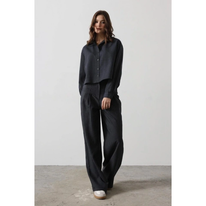 Çizgili Gömlek Pantolon Takım - Lacivert