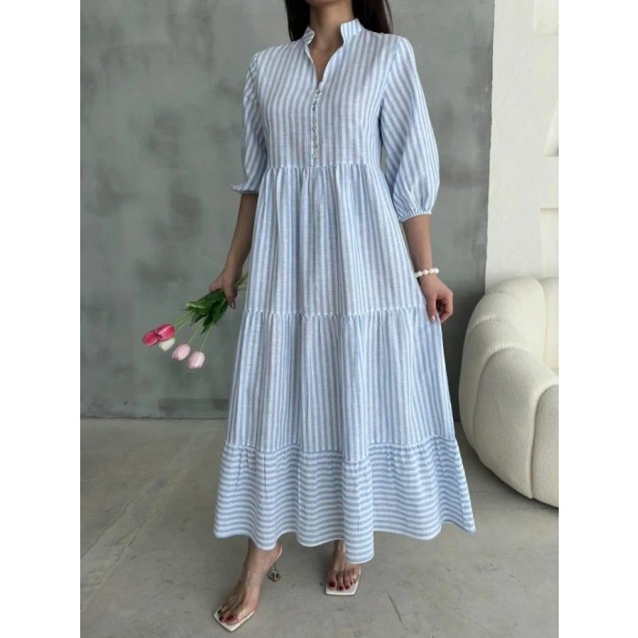 ÇİZGİLİ KETEN HAKİM YAKA DÜĞMELİ SALAŞ ELBİSE - Mavi