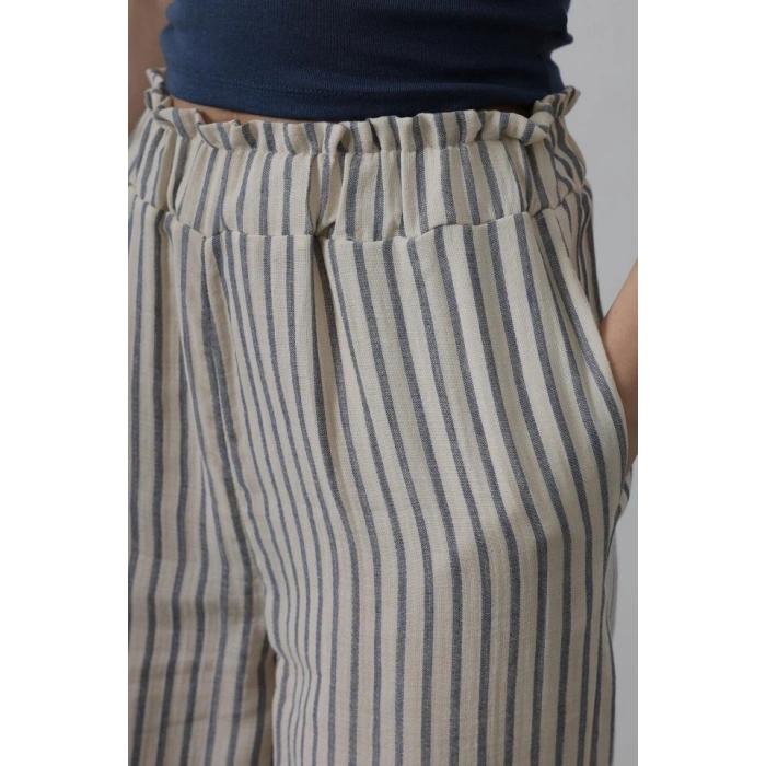 Çizgili Pamuklu Lastikli Pantolon - Bej-Lacivert