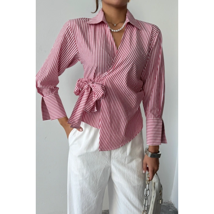 ÇİZGİLİ POPLİN KRUVAZE BAĞLAMALI GÖMLEK - Kırmızı