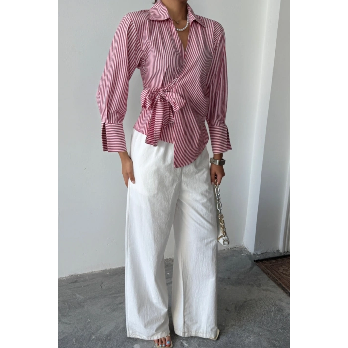 ÇİZGİLİ POPLİN KRUVAZE BAĞLAMALI GÖMLEK - Kırmızı