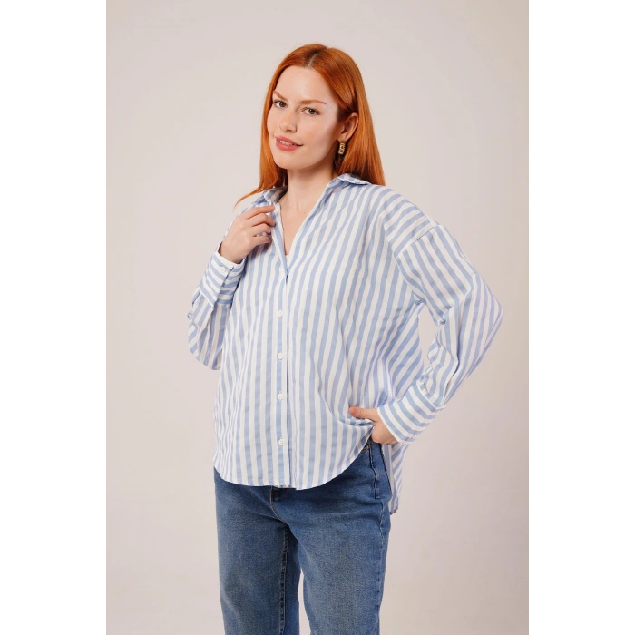 Çizgili Rahat Kesim Mavi Gömlek