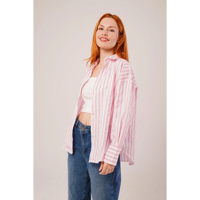 Çizgili Rahat Kesim Pembe Gömlek