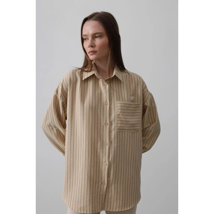 Çizgili Tek Cep Gömlek - Taş