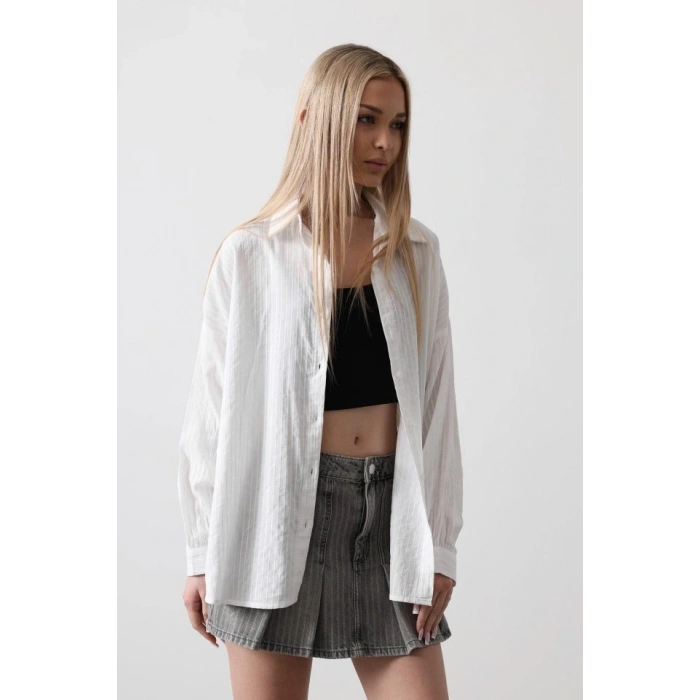 Çizgili Uzun Kol Gömlek - Beyaz