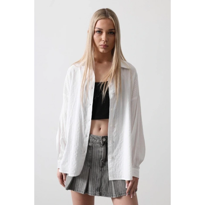 Çizgili Uzun Kol Gömlek - Beyaz