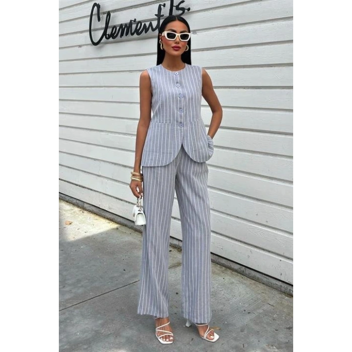 Çizgili Viscon Keten Yelekli Rahat Takım 10121