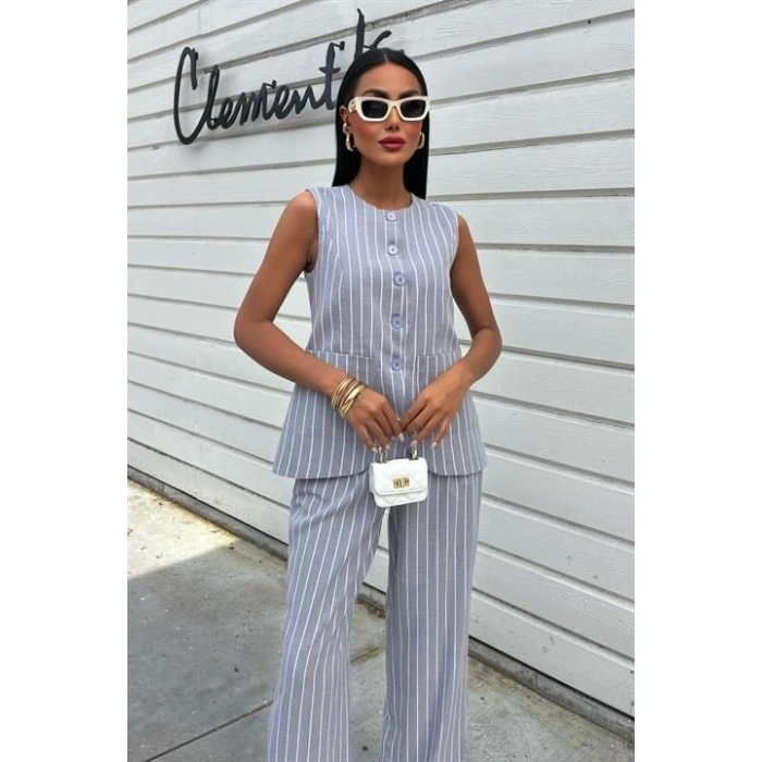 Çizgili Viscon Keten Yelekli Rahat Takım 10121