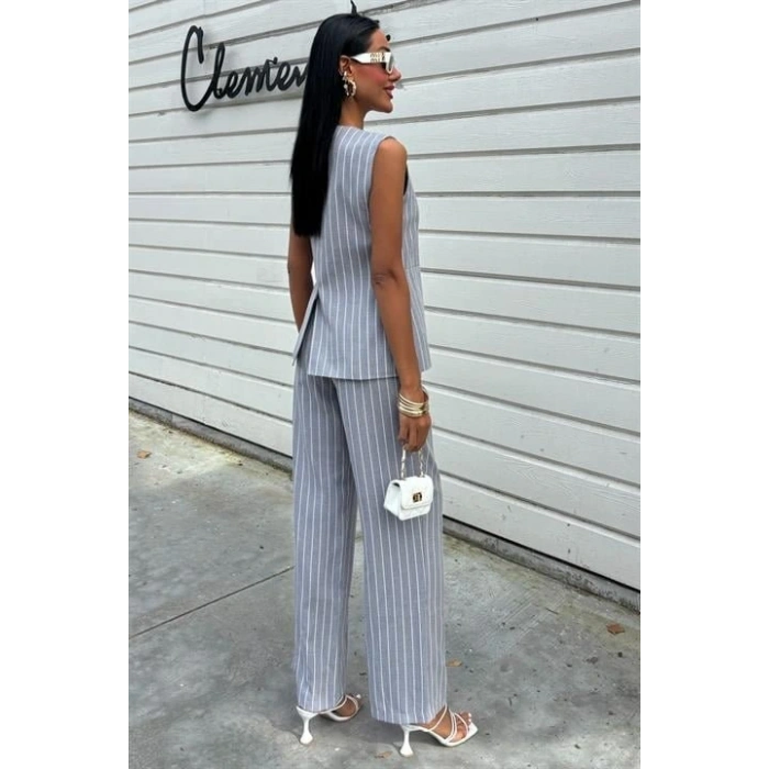 Çizgili Viscon Keten Yelekli Rahat Takım 10121