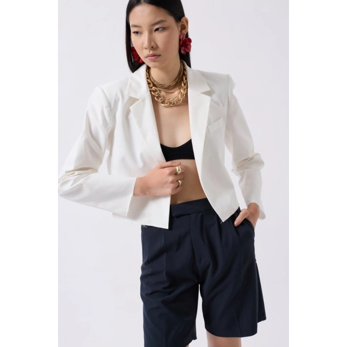 Crop Keten Blazer Ceket