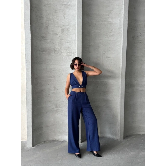 Crop pantolon keten takım s255012