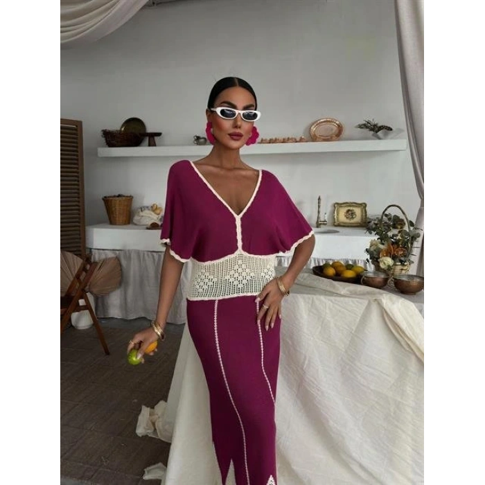 Dantel Desenli V Yaka Triko Elbise 2844