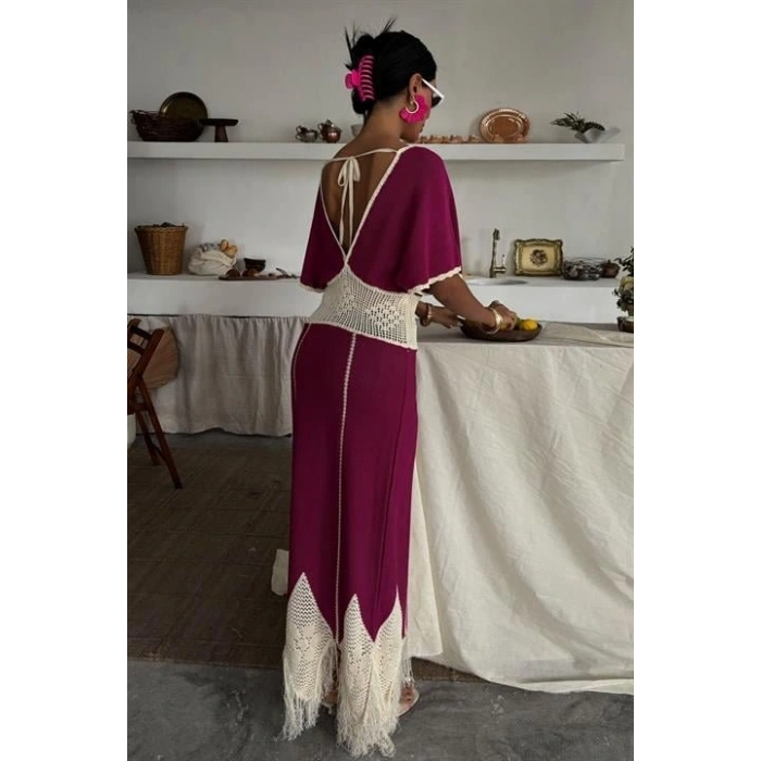 Dantel Desenli V Yaka Triko Elbise 2844