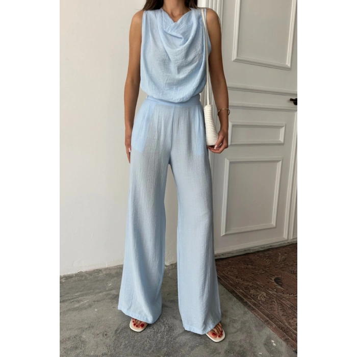 DEGAJE YAKA KOLSUZ BLUZ - PANTOLON TAKIM - Mavi