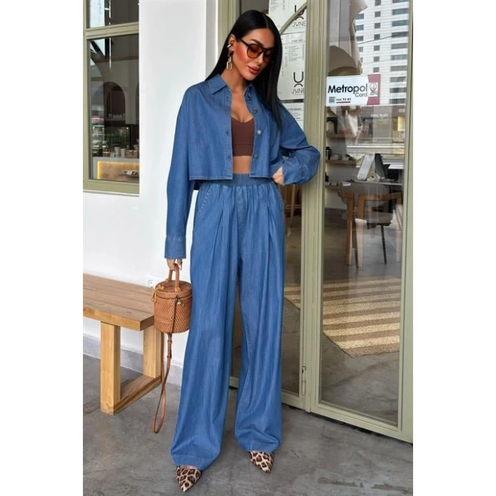 Denim Gömlek Plazzo Pantolon Takım 10163-08