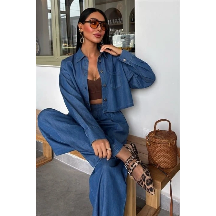 Denim Gömlek Plazzo Pantolon Takım 10163-08