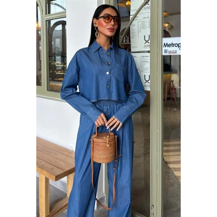 Denim Gömlek Plazzo Pantolon Takım 10163-08