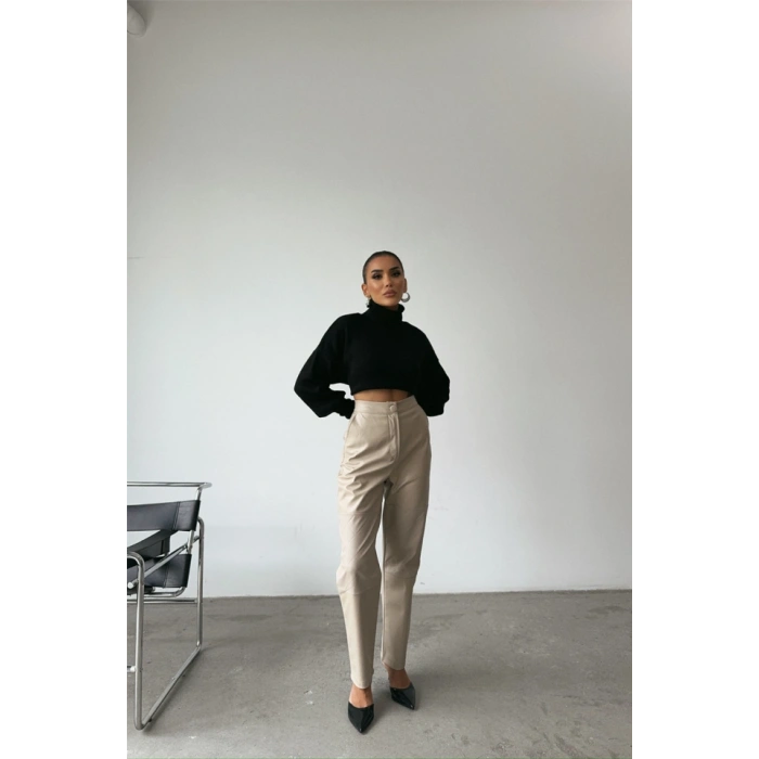 DERİ PANTOLON DİZ PARÇALI - Taş