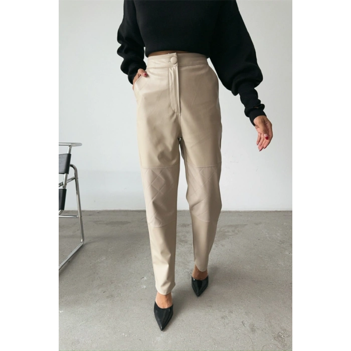 DERİ PANTOLON DİZ PARÇALI - Taş