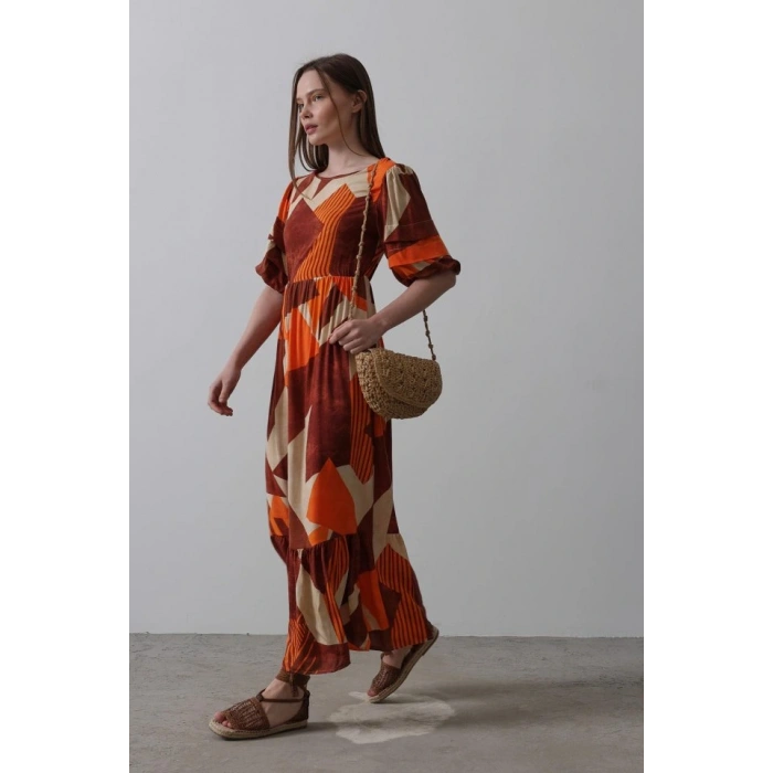 Desenli Balon Kol Kloş Elbise - Kahve