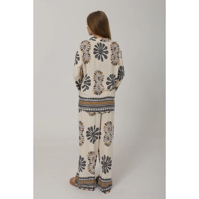 Desenli Kolları Volanlı Pantolon Takım - Antrasit