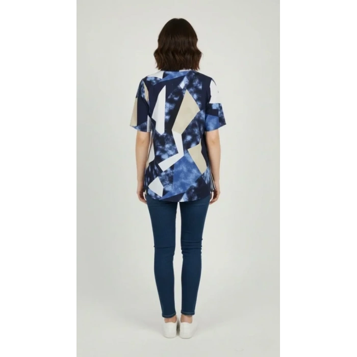 Desenli Püsküllü Viskon Bluz Bebe Yaka Kısa Kollu Big Size Rahat Kesim - Desenli