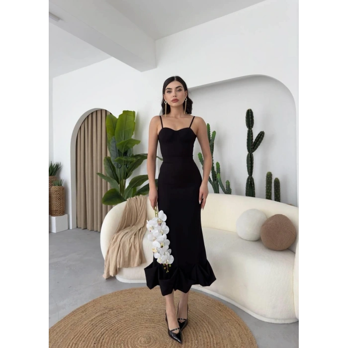 Dominic Eteği Büzgülü Midi Boy Elbise