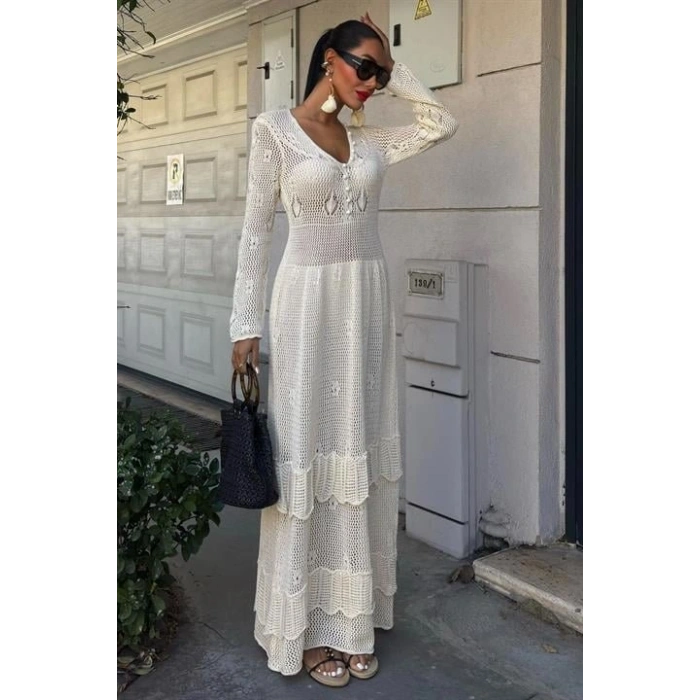 Düğme Detaylı Ve Kat Etekli Etnik Elbise 2859