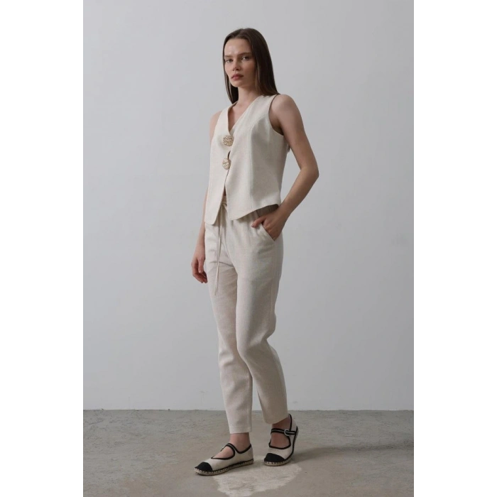 Düğme Detaylı Yelek - Krem