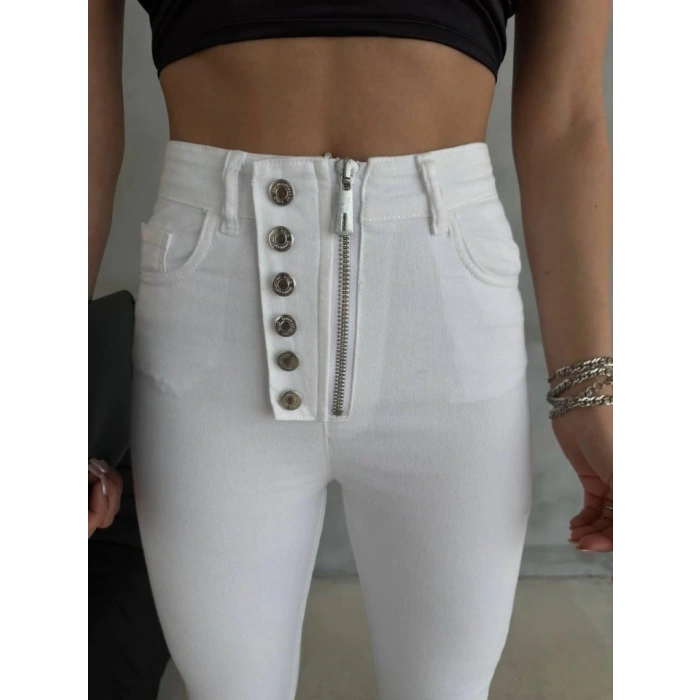 DÜĞME VE FERMUARLI KOT PANTOLON - Beyaz