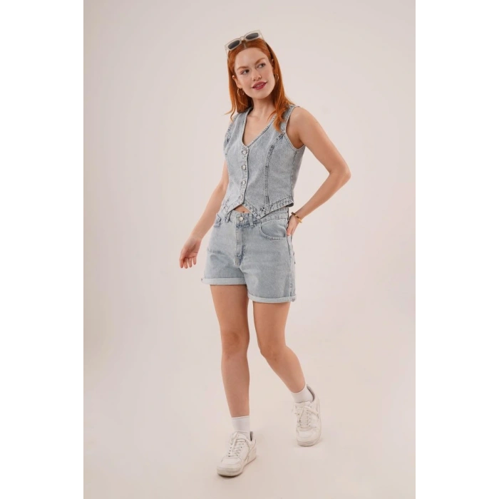 Düğme Ve Ön Dikiş Detaylı Mavi Jean Yelek