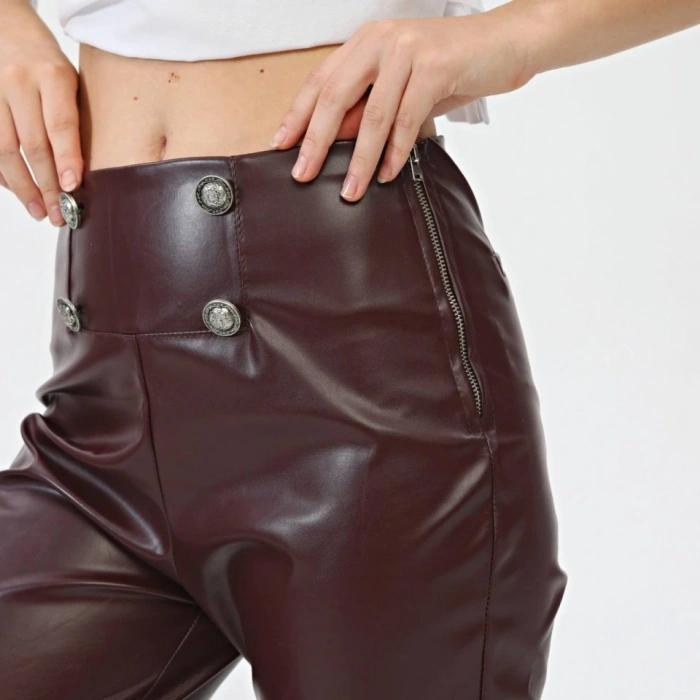 Düğmeli̇ Yan Fermuarli Deri̇ Pantolon