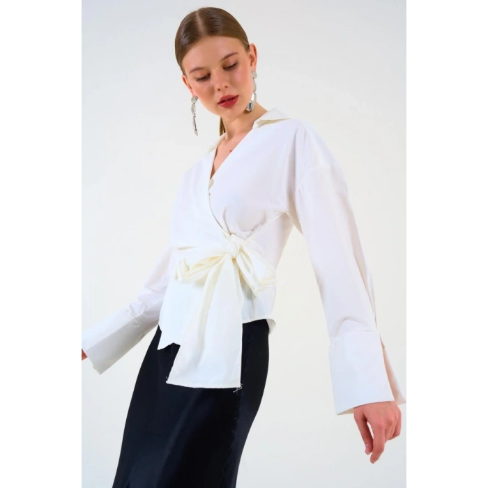 Düz Yandan Bağlamalı Gömlek - Ekru