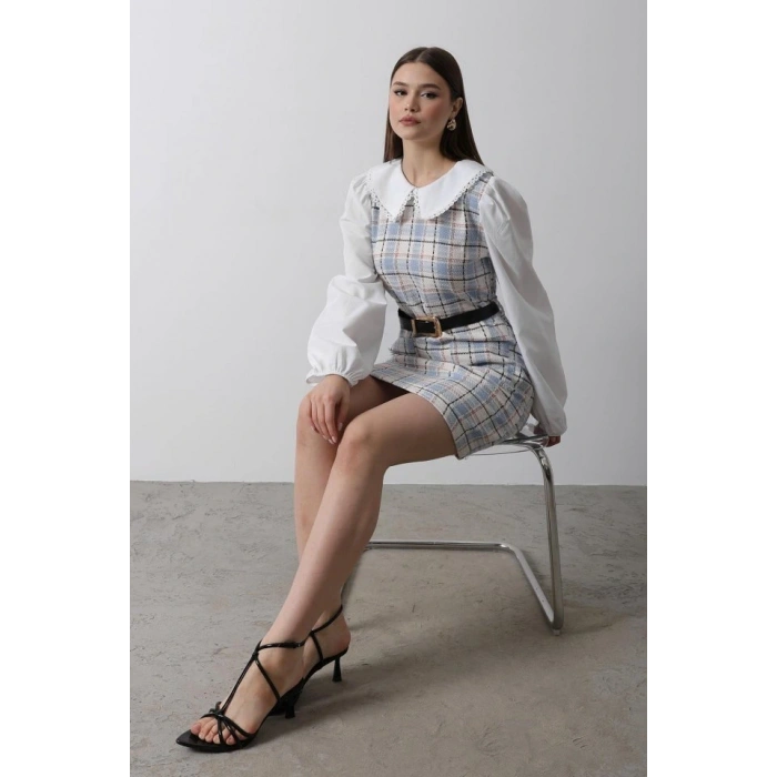 Ekoseli Gömlek Detaylı Elbise - Mavi