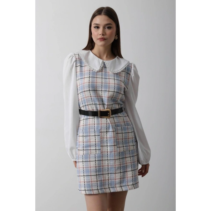 Ekoseli Gömlek Detaylı Elbise - Mavi