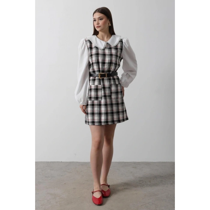 Ekoseli Gömlek Detaylı Elbise - Siyah