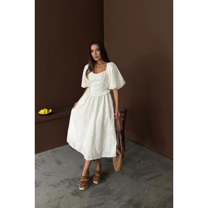 Ekru Balon Kollu Dantelli Brode Elbise