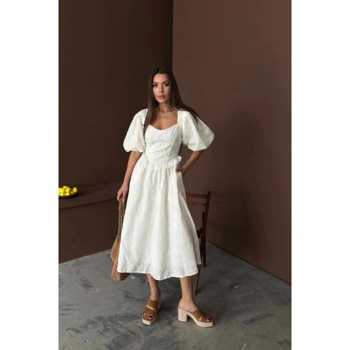 Ekru Balon Kollu Dantelli Brode Elbise