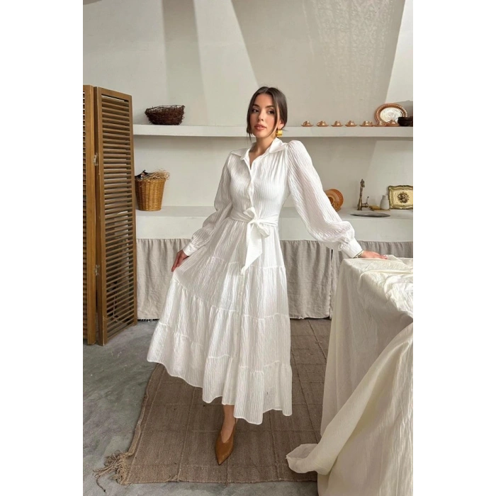 Ekru Çizgi Desenli Uzun Elbise