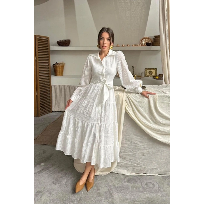 Ekru Çizgi Desenli Uzun Elbise