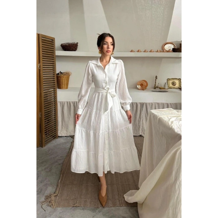 Ekru Çizgi Desenli Uzun Elbise