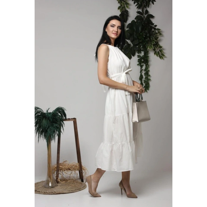 Ekru Halter Yakalı Kuşaklı Elbise