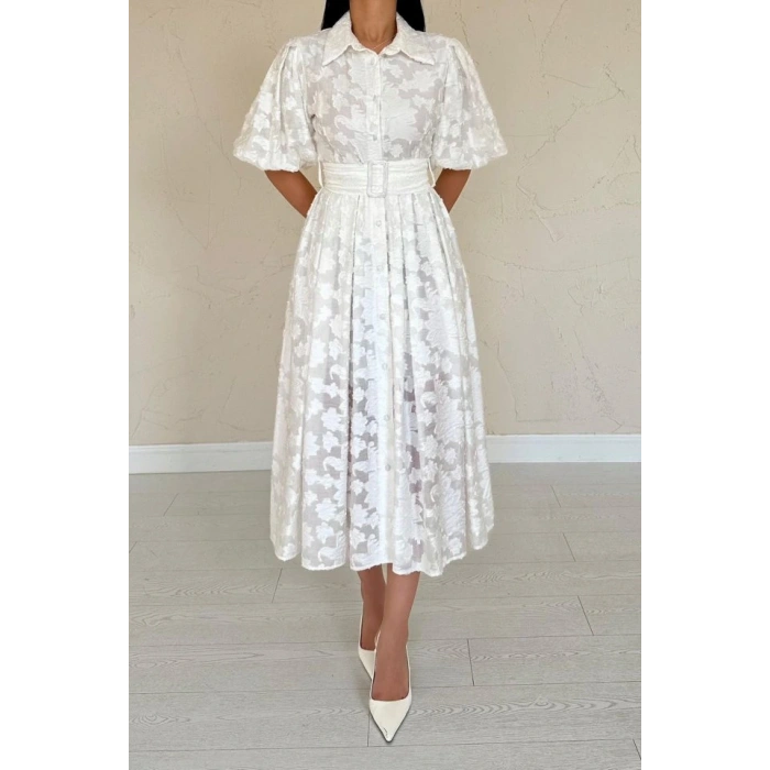 Ekru Kemerli Balon Kollu Elbise